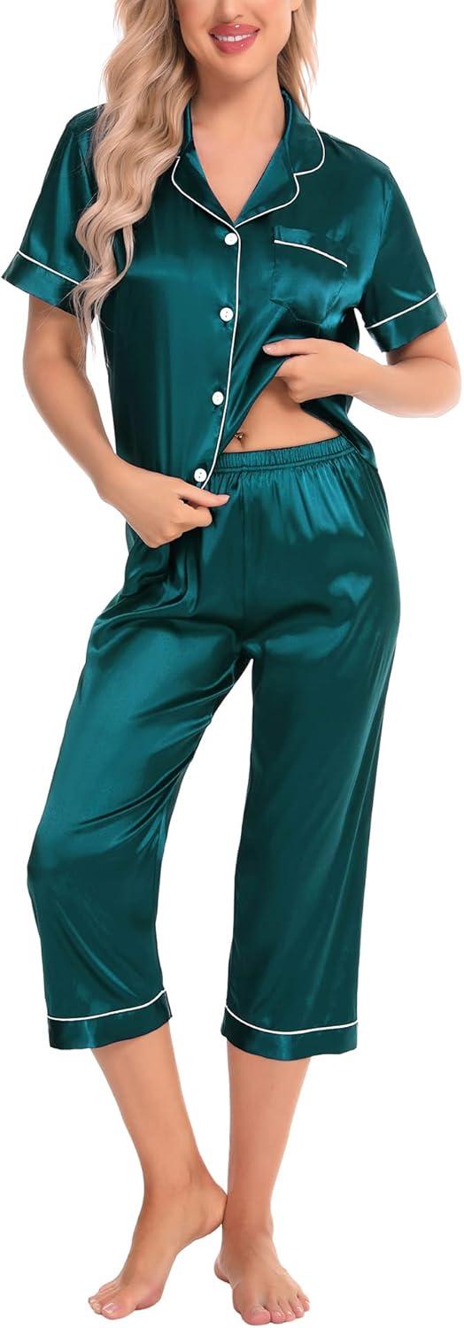 imageSWOMOG Satin Pajama Set Women Silk Pjs Set Short Sleeve 2 Piece Button Down Sleepwear Lounge SetsGreen