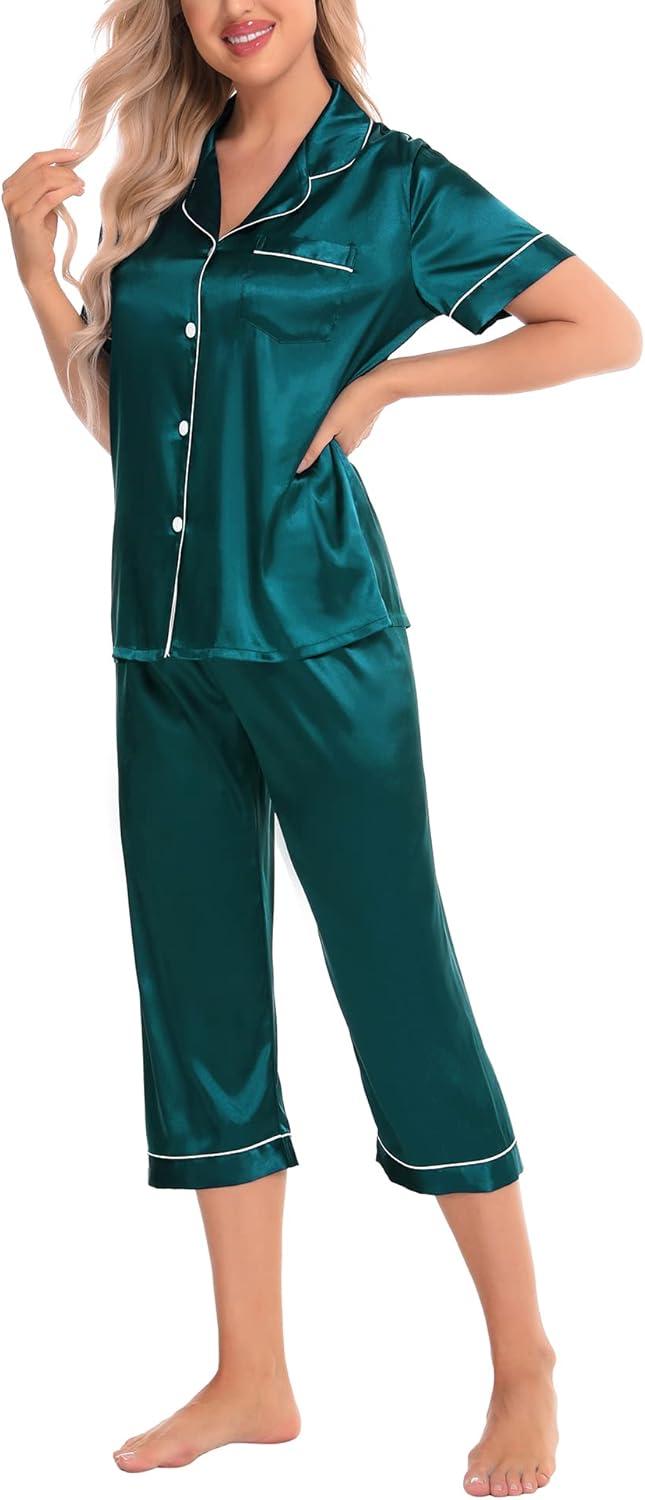 imageSWOMOG Satin Pajama Set Women Silk Pjs Set Short Sleeve 2 Piece Button Down Sleepwear Lounge SetsGreen