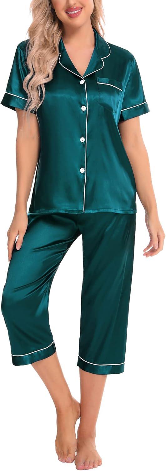 imageSWOMOG Satin Pajama Set Women Silk Pjs Set Short Sleeve 2 Piece Button Down Sleepwear Lounge SetsGreen