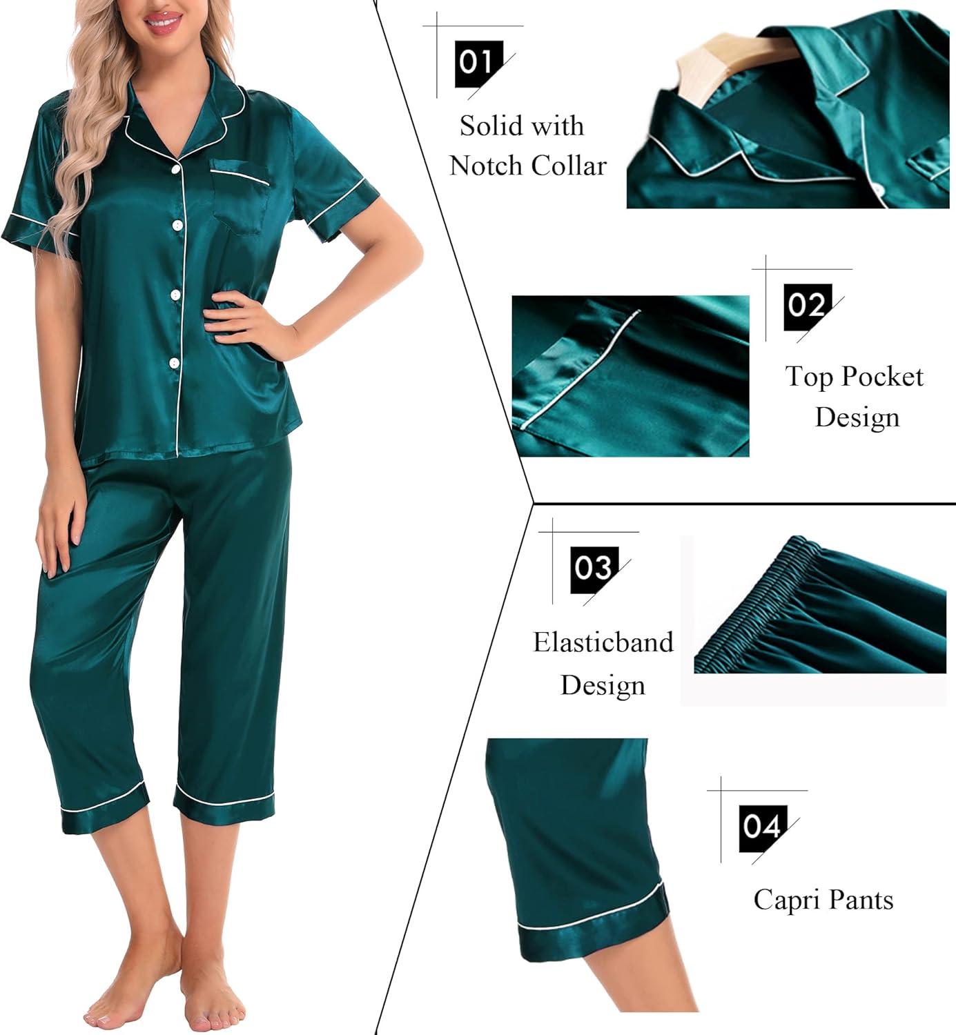 imageSWOMOG Satin Pajama Set Women Silk Pjs Set Short Sleeve 2 Piece Button Down Sleepwear Lounge SetsGreen