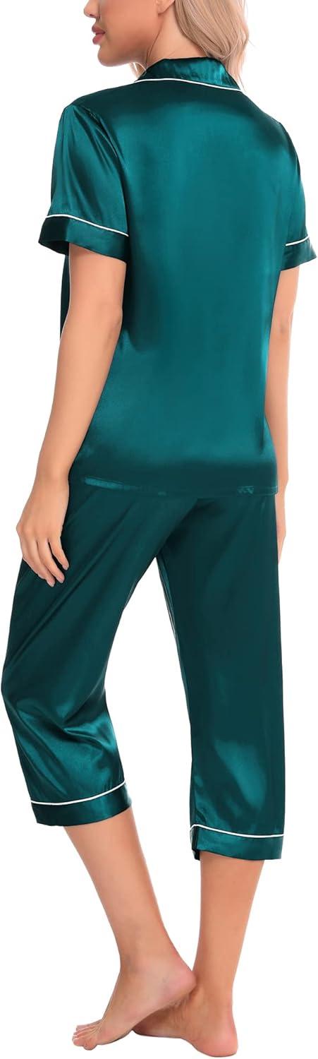 imageSWOMOG Satin Pajama Set Women Silk Pjs Set Short Sleeve 2 Piece Button Down Sleepwear Lounge SetsGreen
