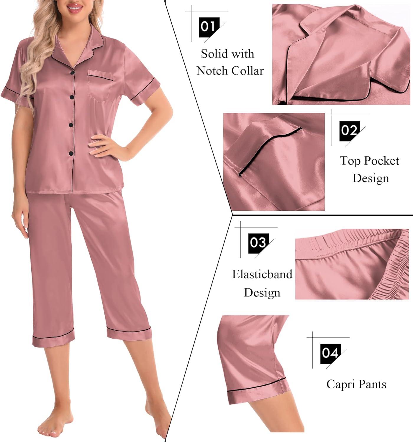 imageSWOMOG Satin Pajama Set Women Silk Pjs Set Short Sleeve 2 Piece Button Down Sleepwear Lounge SetsMisty Rose