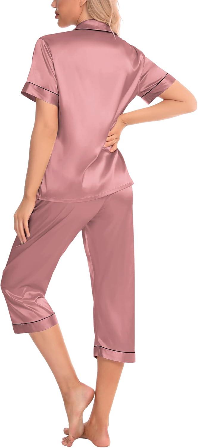 imageSWOMOG Satin Pajama Set Women Silk Pjs Set Short Sleeve 2 Piece Button Down Sleepwear Lounge SetsMisty Rose