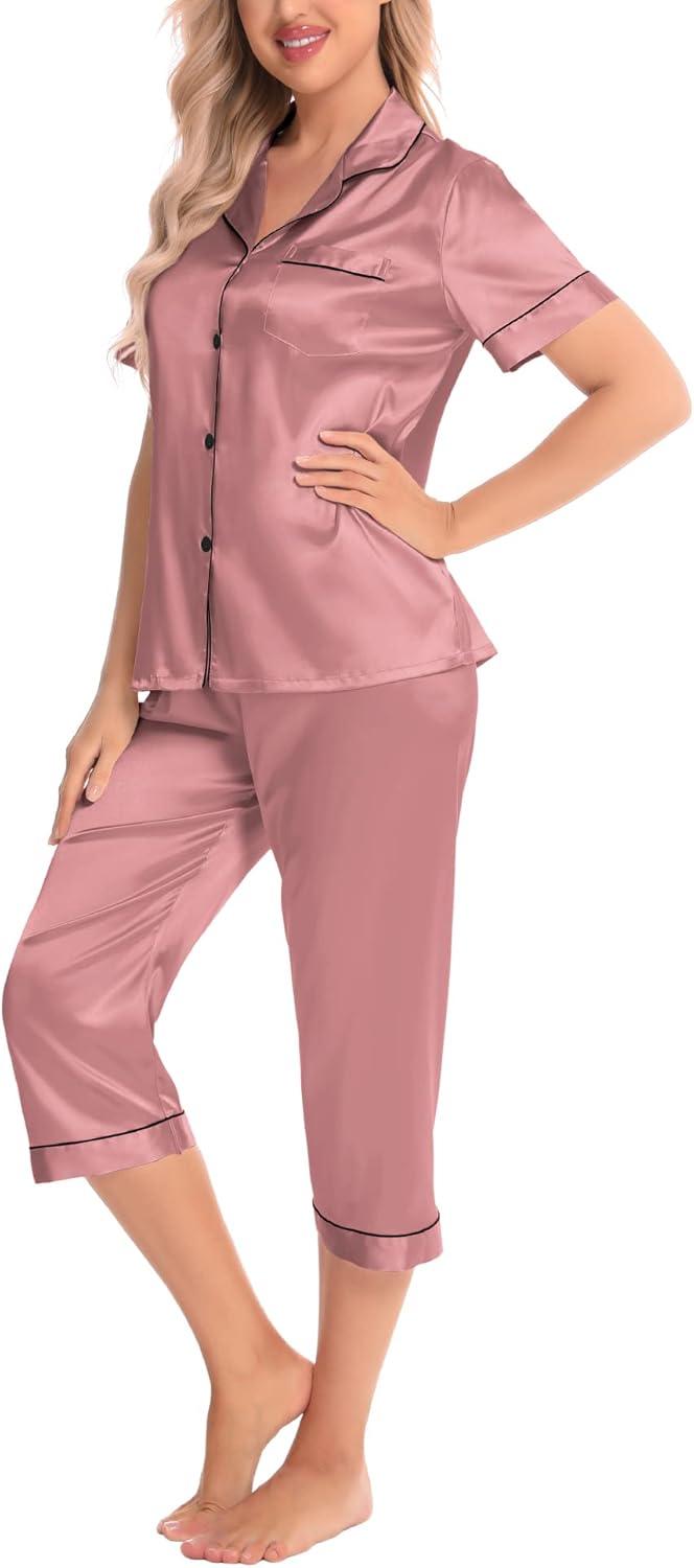 imageSWOMOG Satin Pajama Set Women Silk Pjs Set Short Sleeve 2 Piece Button Down Sleepwear Lounge SetsMisty Rose