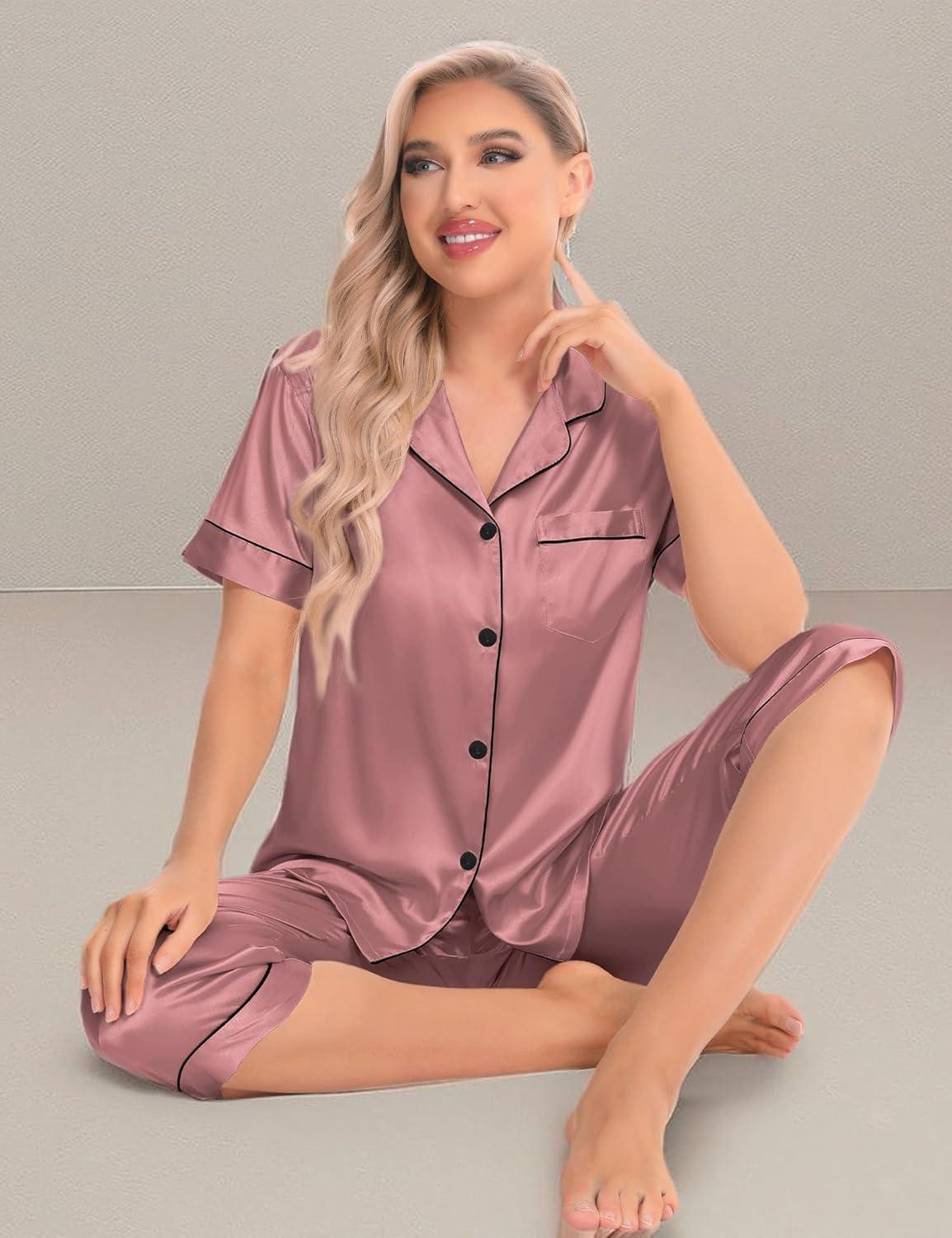 imageSWOMOG Satin Pajama Set Women Silk Pjs Set Short Sleeve 2 Piece Button Down Sleepwear Lounge SetsMisty Rose
