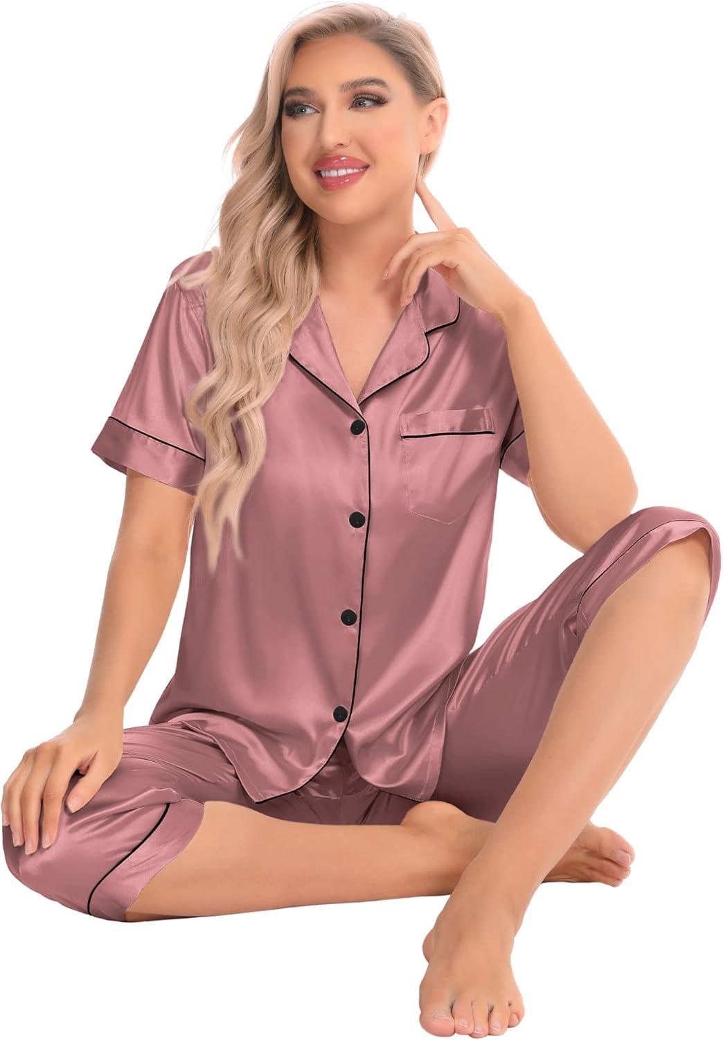 imageSWOMOG Satin Pajama Set Women Silk Pjs Set Short Sleeve 2 Piece Button Down Sleepwear Lounge SetsMisty Rose
