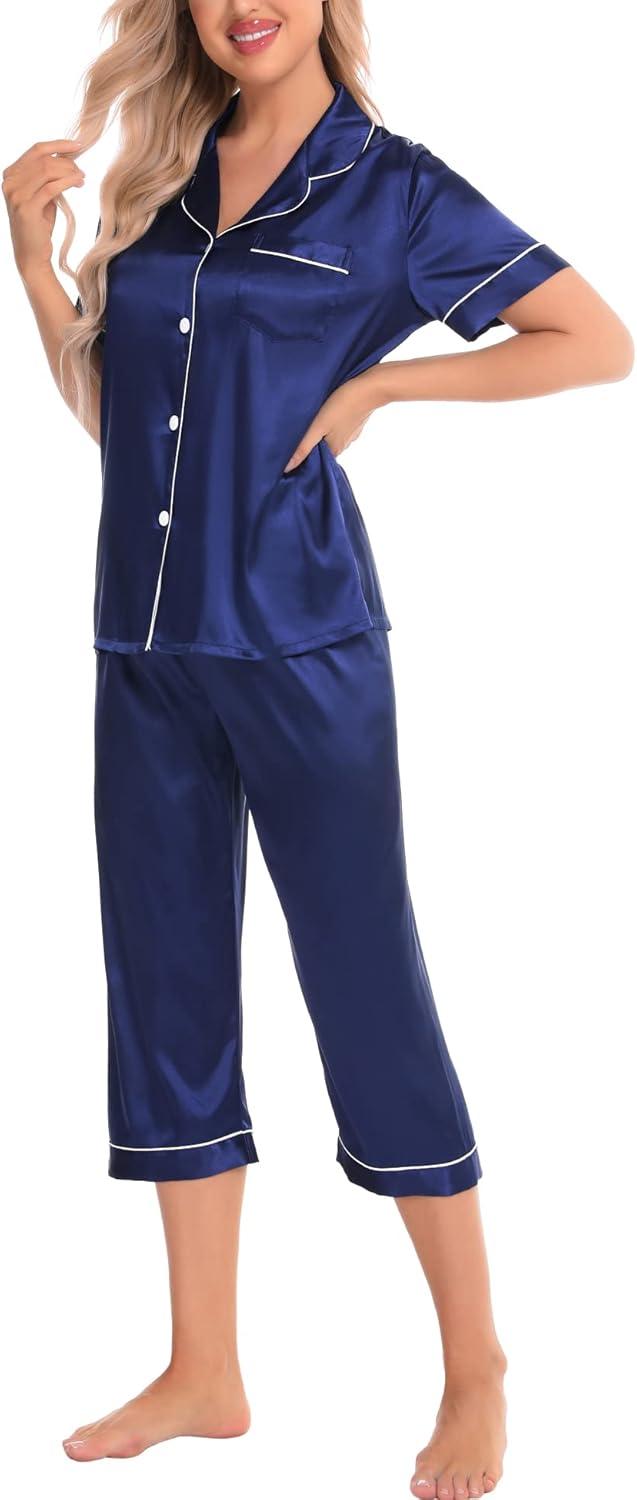 imageSWOMOG Satin Pajama Set Women Silk Pjs Set Short Sleeve 2 Piece Button Down Sleepwear Lounge SetsNavy Blue