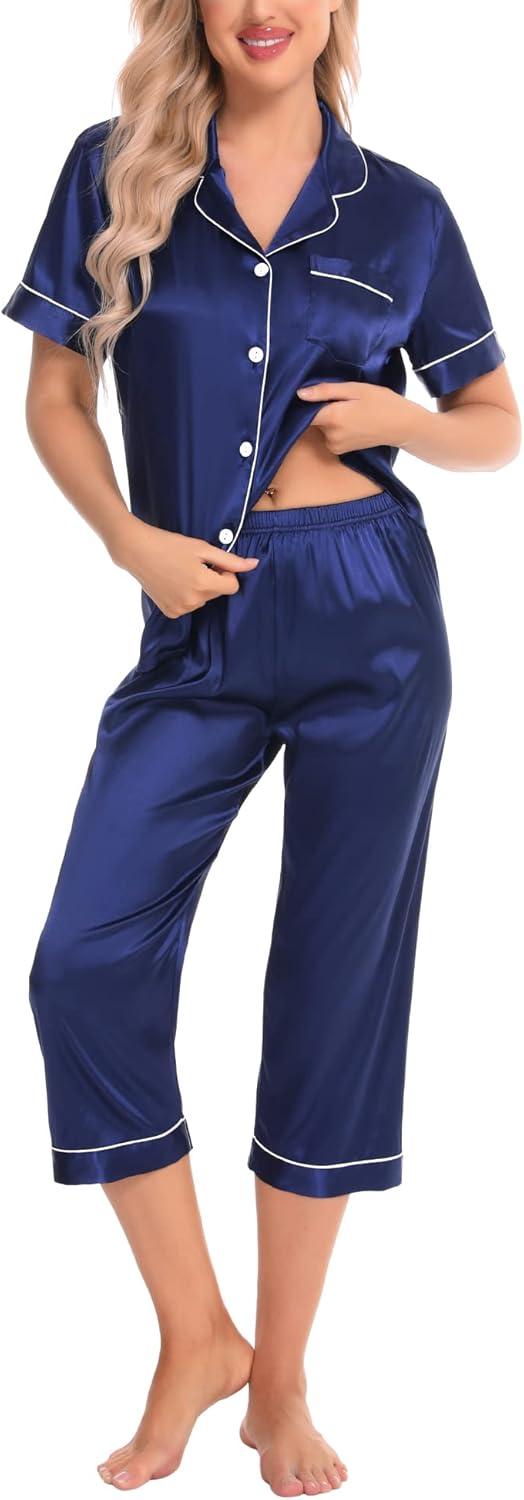 imageSWOMOG Satin Pajama Set Women Silk Pjs Set Short Sleeve 2 Piece Button Down Sleepwear Lounge SetsNavy Blue