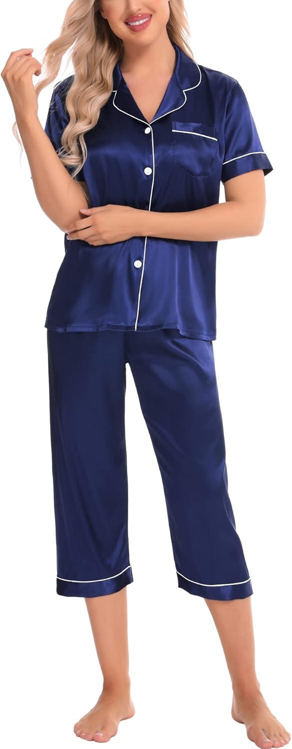 imageSWOMOG Satin Pajama Set Women Silk Pjs Set Short Sleeve 2 Piece Button Down Sleepwear Lounge SetsNavy Blue