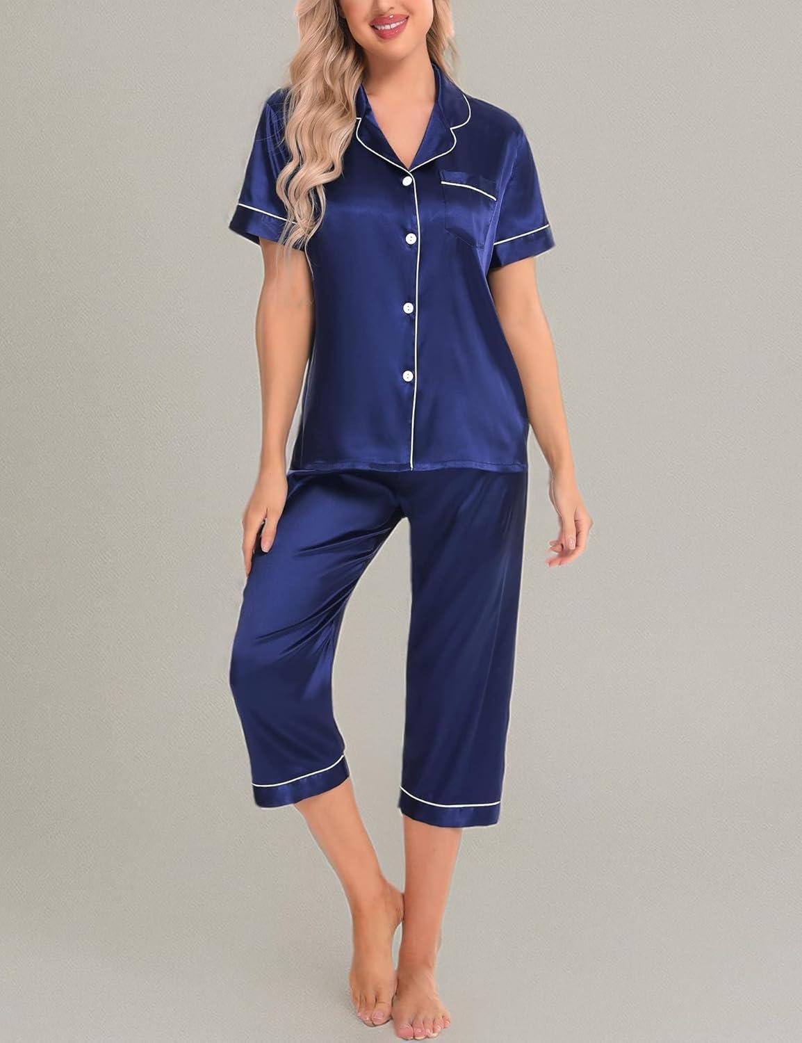 imageSWOMOG Satin Pajama Set Women Silk Pjs Set Short Sleeve 2 Piece Button Down Sleepwear Lounge SetsNavy Blue
