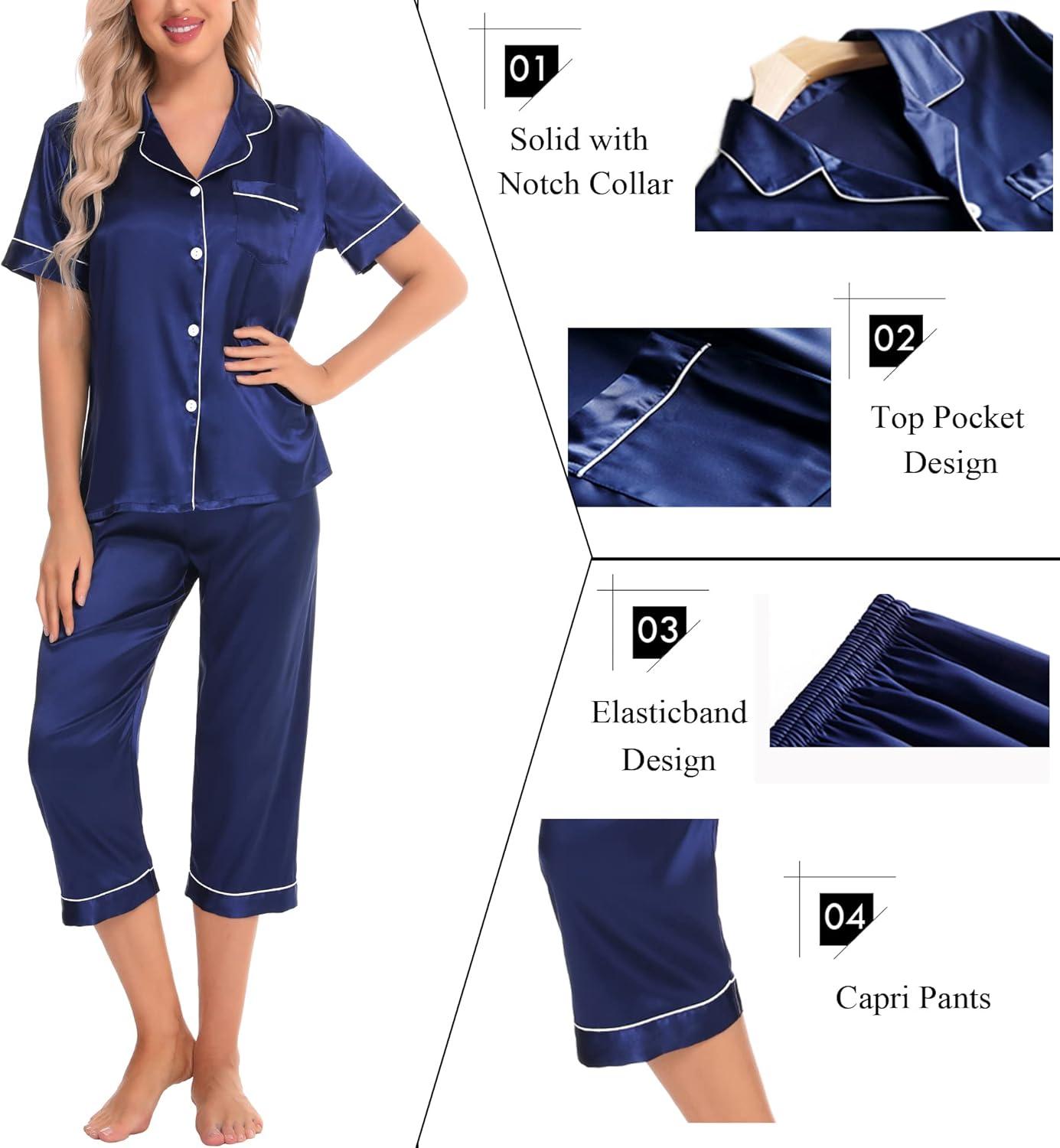 imageSWOMOG Satin Pajama Set Women Silk Pjs Set Short Sleeve 2 Piece Button Down Sleepwear Lounge SetsNavy Blue