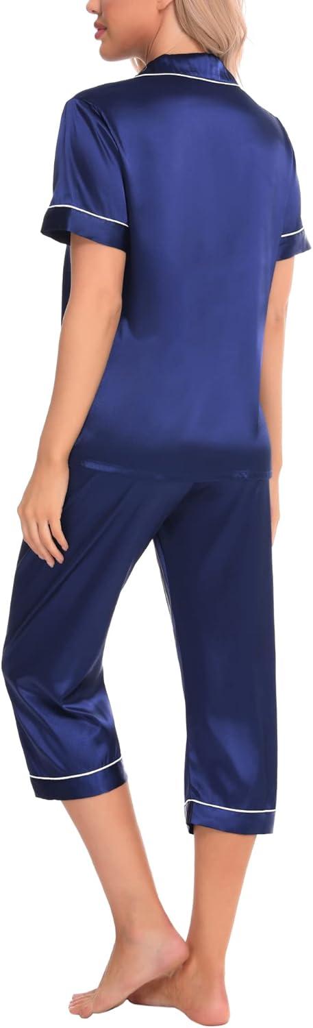 imageSWOMOG Satin Pajama Set Women Silk Pjs Set Short Sleeve 2 Piece Button Down Sleepwear Lounge SetsNavy Blue