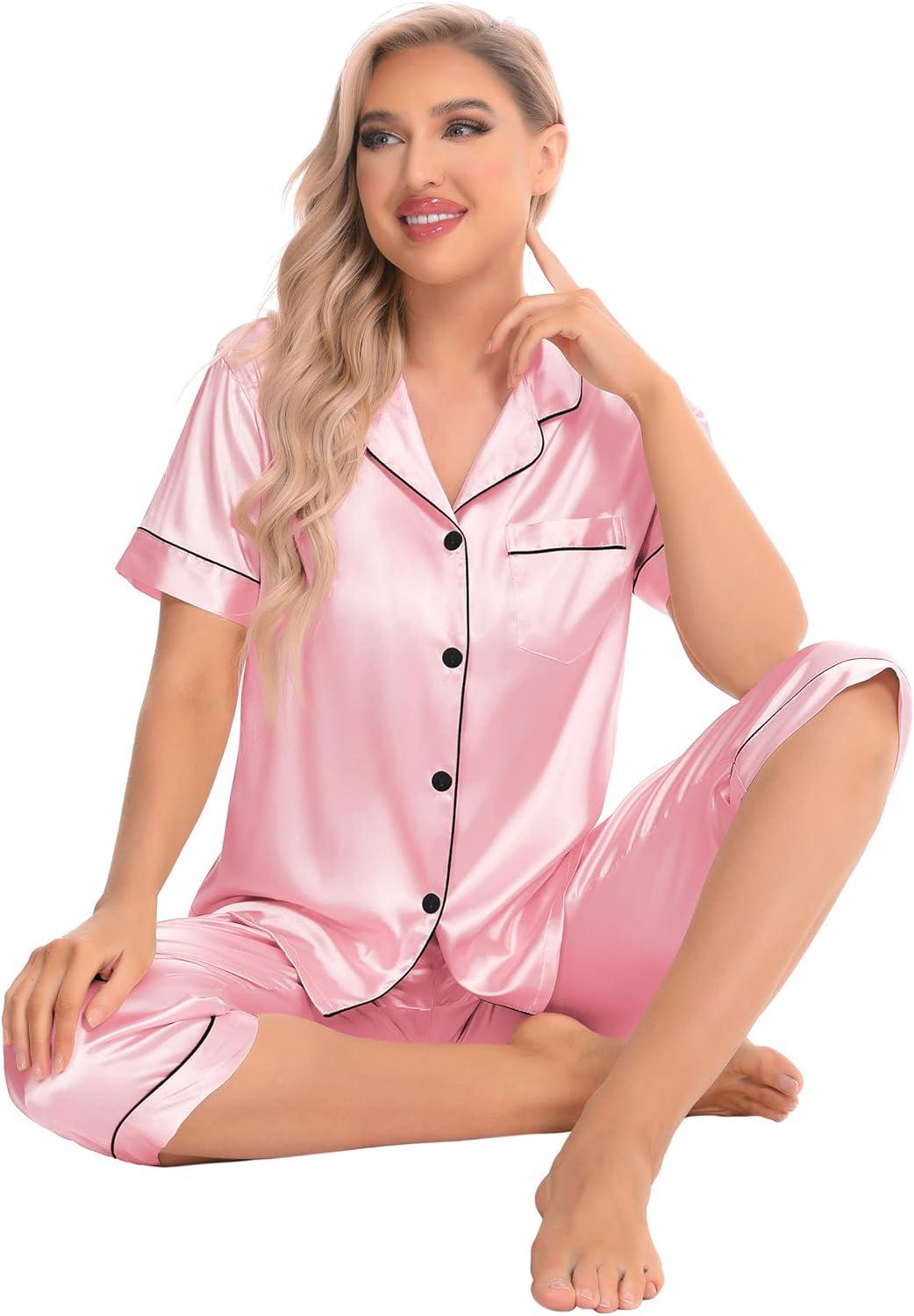 imageSWOMOG Satin Pajama Set Women Silk Pjs Set Short Sleeve 2 Piece Button Down Sleepwear Lounge SetsPink
