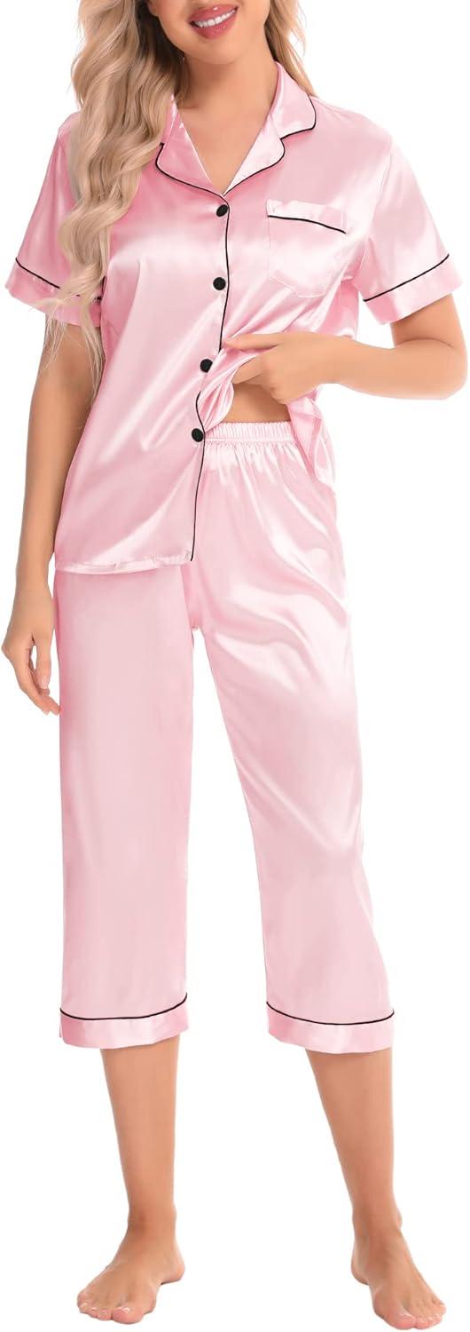 imageSWOMOG Satin Pajama Set Women Silk Pjs Set Short Sleeve 2 Piece Button Down Sleepwear Lounge SetsPink