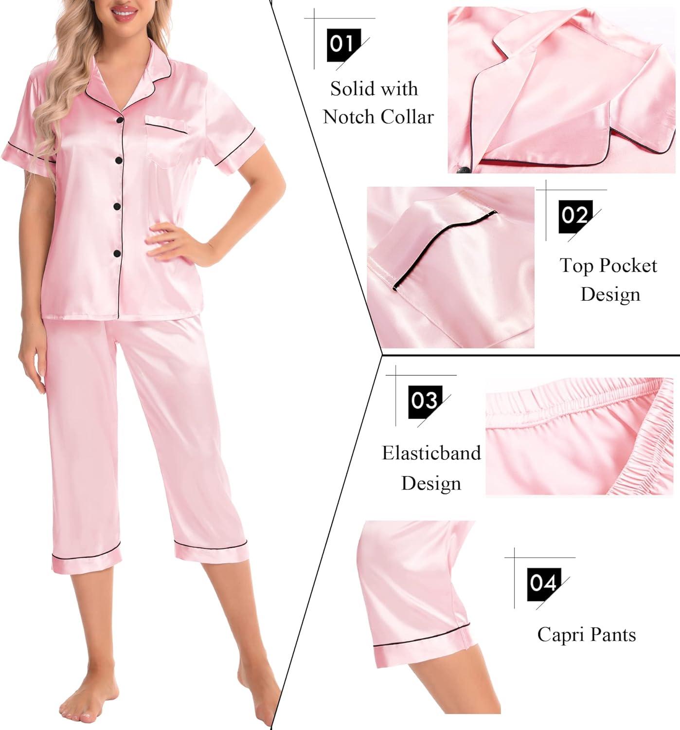 imageSWOMOG Satin Pajama Set Women Silk Pjs Set Short Sleeve 2 Piece Button Down Sleepwear Lounge SetsPink