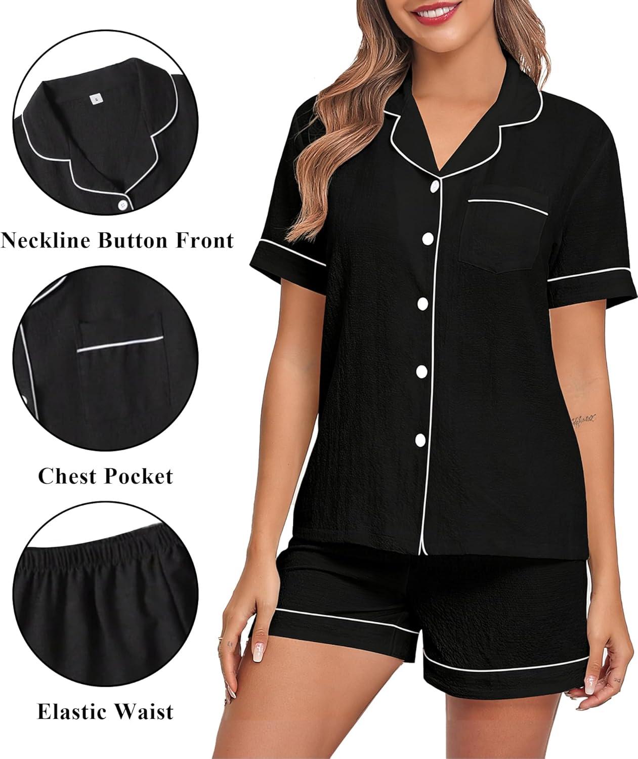 imageSWOMOG Women 2 Piece Pajamas Sets Short Sleeve Pj Sets Cute Printed Sleepwear Button Down Shirt with Lounge Shorts SetBlack