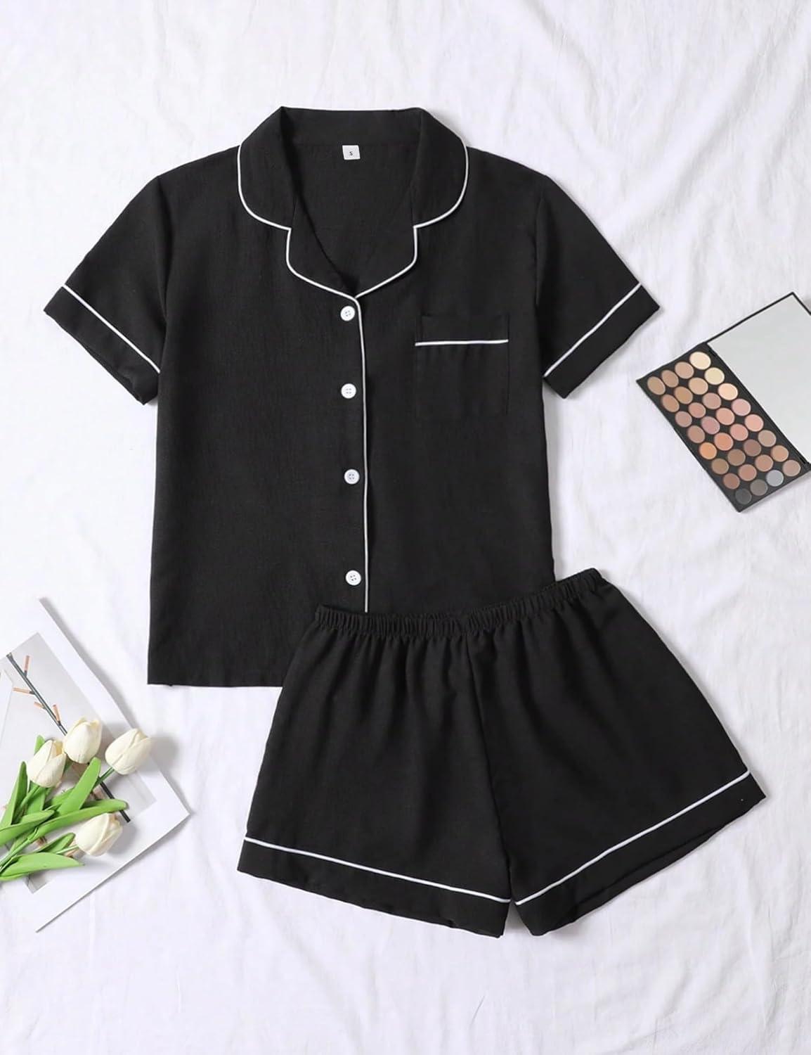 imageSWOMOG Women 2 Piece Pajamas Sets Short Sleeve Pj Sets Cute Printed Sleepwear Button Down Shirt with Lounge Shorts SetBlack