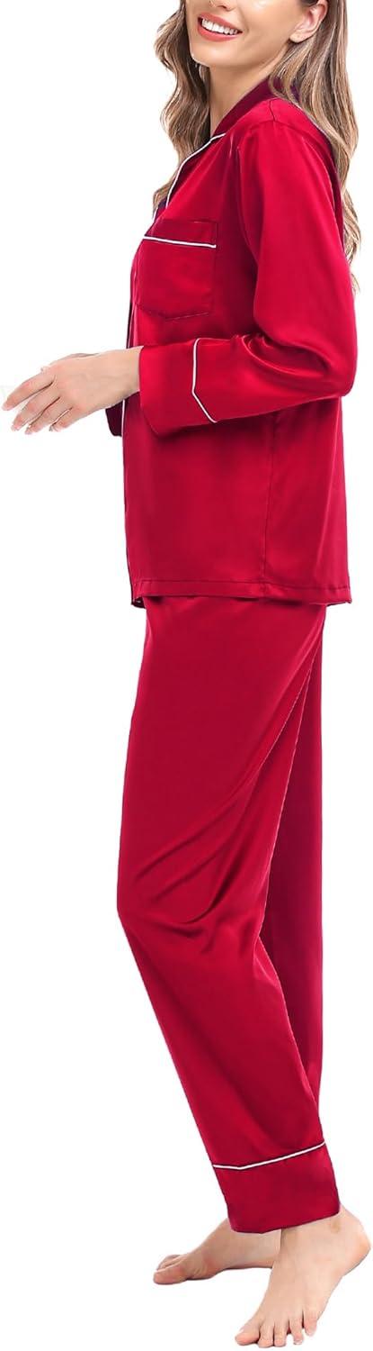 imageSWOMOG Womens Satin Pajamas Long Sleeve Sleepwear Silk Soft Button Down Loungewear Pjs Set SXXLA Reda