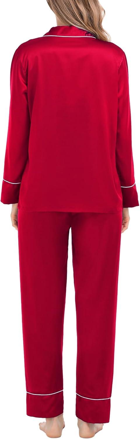 imageSWOMOG Womens Satin Pajamas Long Sleeve Sleepwear Silk Soft Button Down Loungewear Pjs Set SXXLA Reda