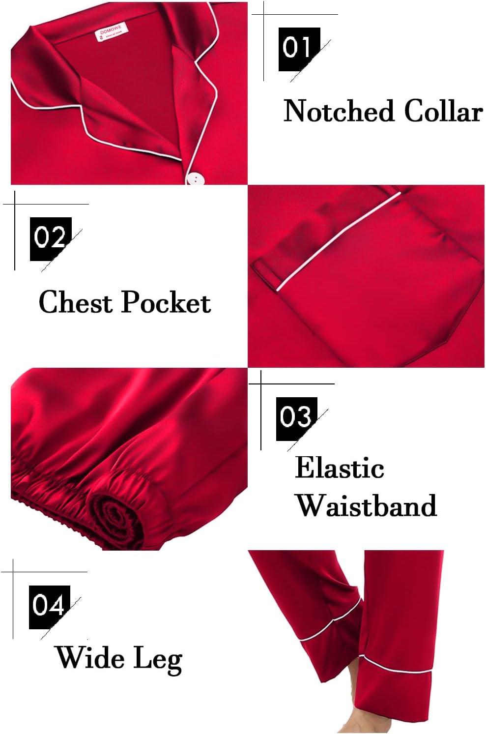imageSWOMOG Womens Satin Pajamas Long Sleeve Sleepwear Silk Soft Button Down Loungewear Pjs Set SXXLA Reda