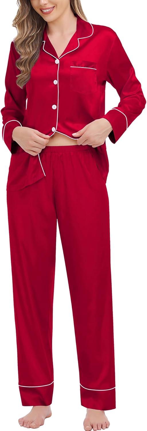imageSWOMOG Womens Satin Pajamas Long Sleeve Sleepwear Silk Soft Button Down Loungewear Pjs Set SXXLA Reda