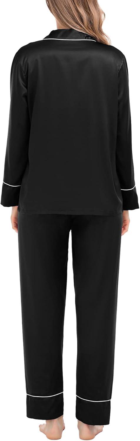 imageSWOMOG Womens Satin Pajamas Long Sleeve Sleepwear Silk Soft Button Down Loungewear Pjs Set SXXLBlack