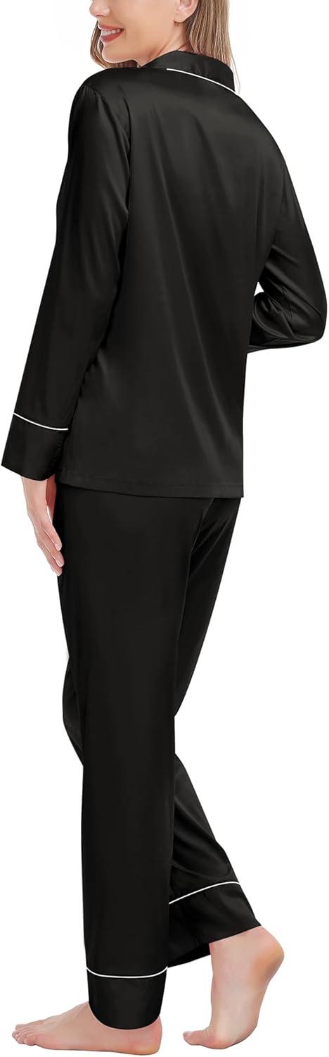 imageSWOMOG Womens Satin Pajamas Long Sleeve Sleepwear Silk Soft Button Down Loungewear Pjs Set SXXLBlack