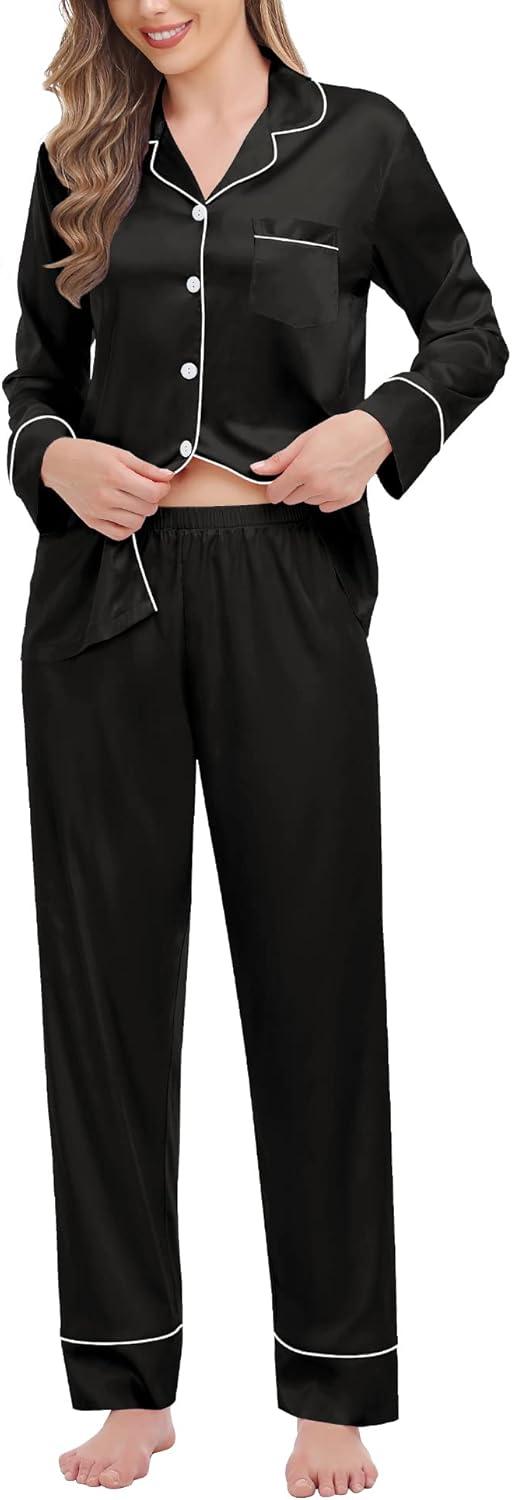 imageSWOMOG Womens Satin Pajamas Long Sleeve Sleepwear Silk Soft Button Down Loungewear Pjs Set SXXLBlack
