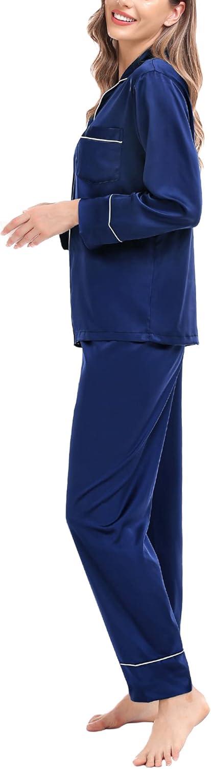 imageSWOMOG Womens Satin Pajamas Long Sleeve Sleepwear Silk Soft Button Down Loungewear Pjs Set SXXLNavy Blue