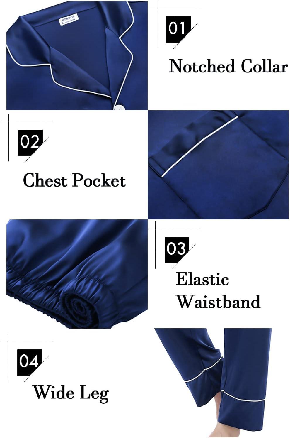 imageSWOMOG Womens Satin Pajamas Long Sleeve Sleepwear Silk Soft Button Down Loungewear Pjs Set SXXLNavy Blue