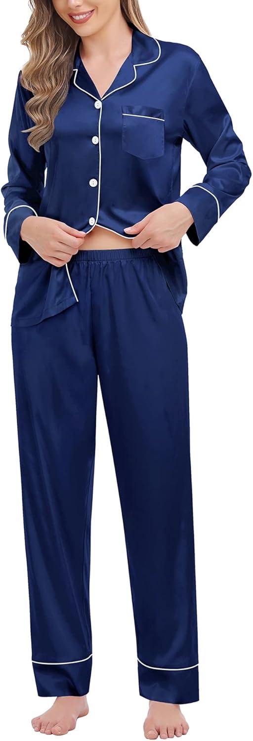 imageSWOMOG Womens Satin Pajamas Long Sleeve Sleepwear Silk Soft Button Down Loungewear Pjs Set SXXLNavy Blue