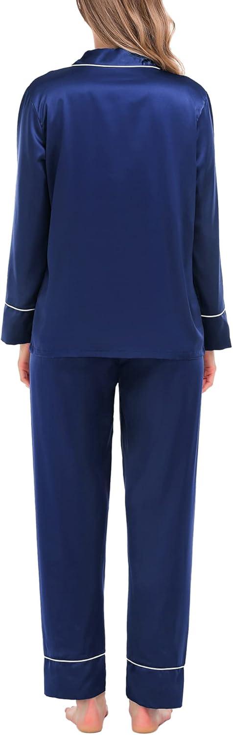 imageSWOMOG Womens Satin Pajamas Long Sleeve Sleepwear Silk Soft Button Down Loungewear Pjs Set SXXLNavy Blue