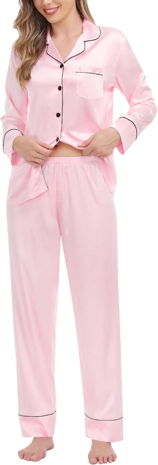 imageSWOMOG Womens Satin Pajamas Long Sleeve Sleepwear Silk Soft Button Down Loungewear Pjs Set SXXLPink