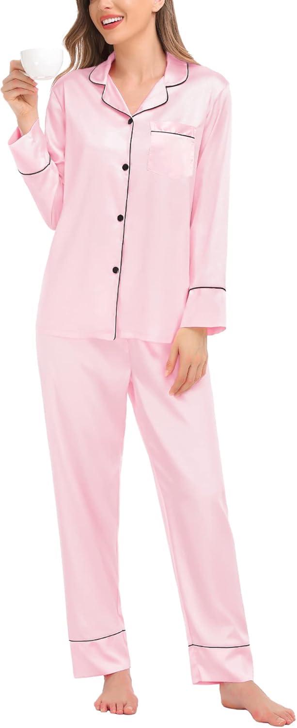 imageSWOMOG Womens Satin Pajamas Long Sleeve Sleepwear Silk Soft Button Down Loungewear Pjs Set SXXLPink