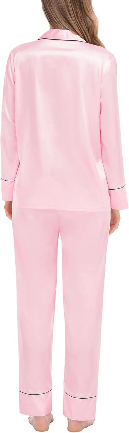 imageSWOMOG Womens Satin Pajamas Long Sleeve Sleepwear Silk Soft Button Down Loungewear Pjs Set SXXLPink