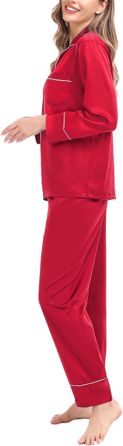 imageSWOMOG Womens Satin Pajamas Long Sleeve Sleepwear Silk Soft Button Down Loungewear Pjs Set SXXLRed