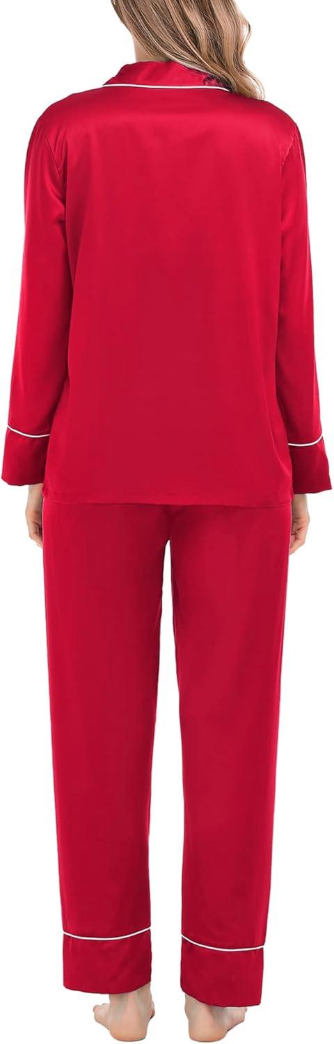 imageSWOMOG Womens Satin Pajamas Long Sleeve Sleepwear Silk Soft Button Down Loungewear Pjs Set SXXLRed
