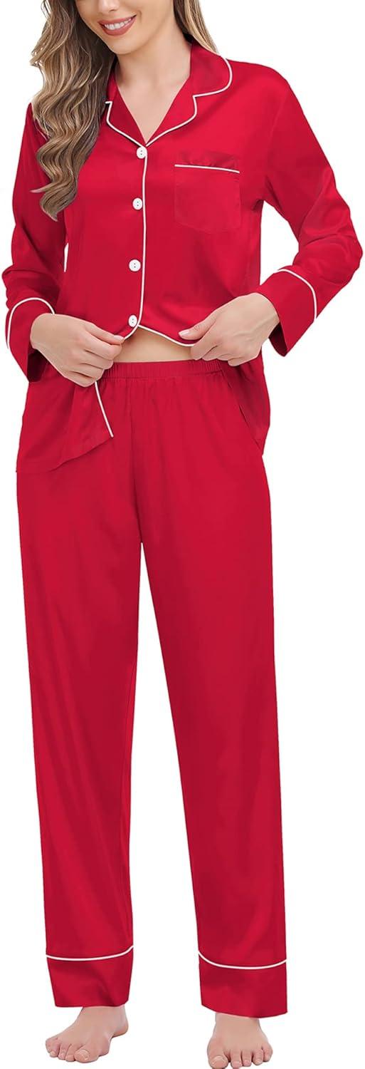 imageSWOMOG Womens Satin Pajamas Long Sleeve Sleepwear Silk Soft Button Down Loungewear Pjs Set SXXLRed