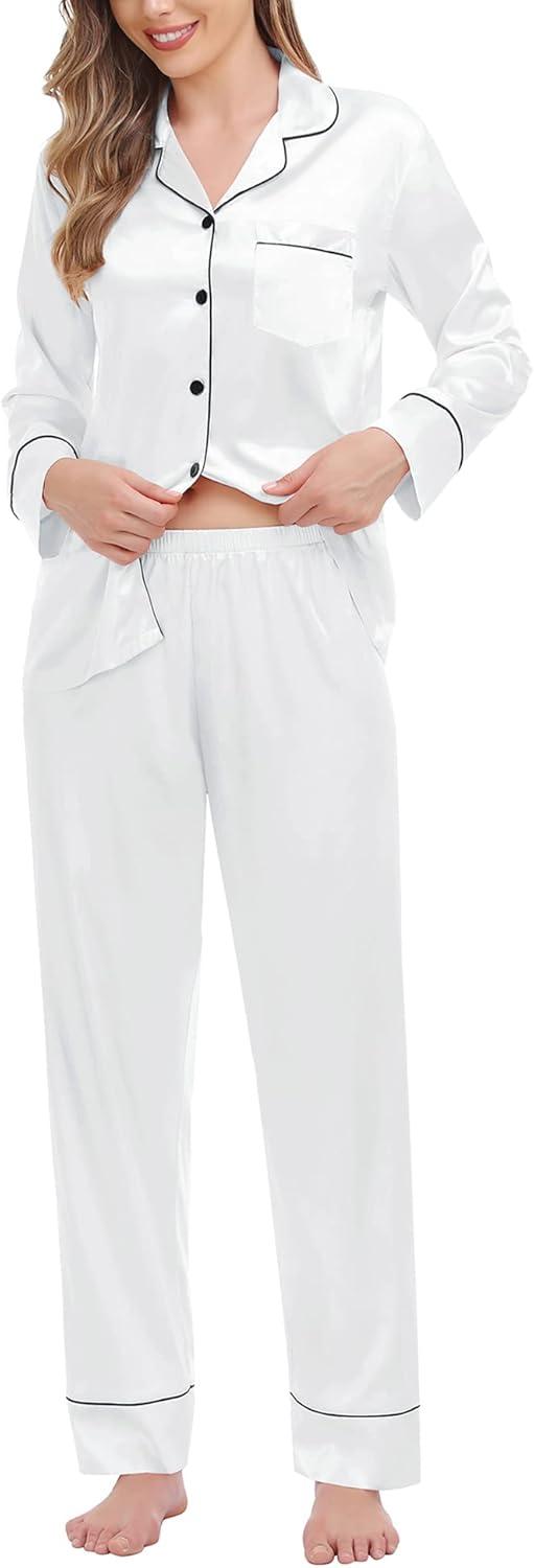 imageSWOMOG Womens Satin Pajamas Long Sleeve Sleepwear Silk Soft Button Down Loungewear Pjs Set SXXLWhite