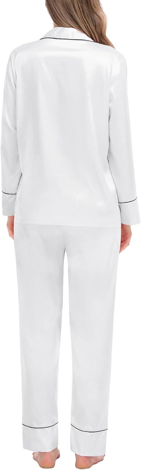 imageSWOMOG Womens Satin Pajamas Long Sleeve Sleepwear Silk Soft Button Down Loungewear Pjs Set SXXLWhite