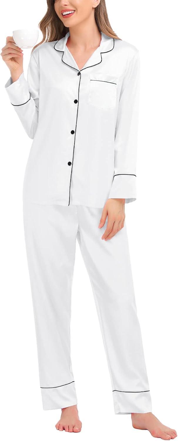 imageSWOMOG Womens Satin Pajamas Long Sleeve Sleepwear Silk Soft Button Down Loungewear Pjs Set SXXLWhite