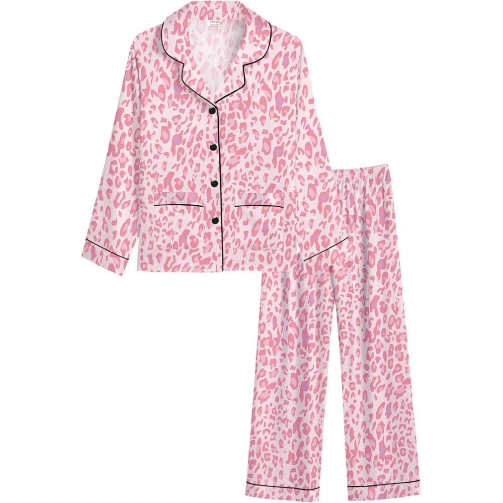 imageSWOMOG Girls Satin Pajamas Set Silk Button Down Pjs Set 2 Pieces Short Sleeve Kids Strawberry Sleepwear2pcslong Sleeve Leopard