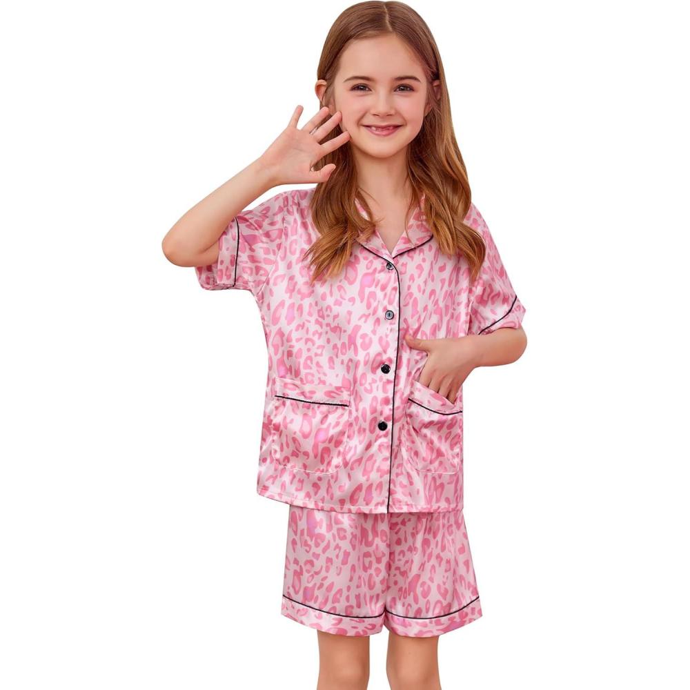 imageSWOMOG Girls Satin Pajamas Set Silk Button Down Pjs Set 2 Pieces Short Sleeve Kids Strawberry Sleepwear2pcsshort Sleeve Leopard