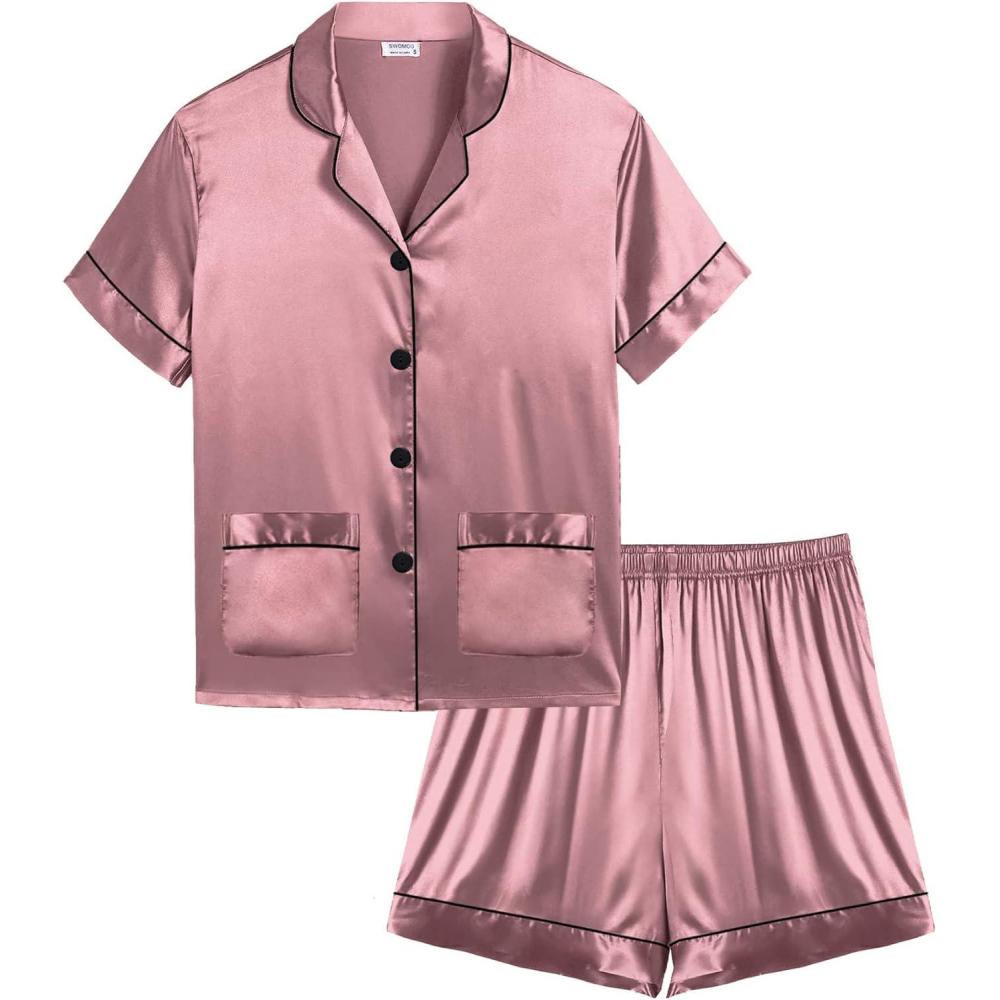 imageSWOMOG Girls Satin Pajamas Set Silk Button Down Pjs Set 2 Pieces Short Sleeve Kids Strawberry Sleepwear2pcsshort Sleeve Misty Rose