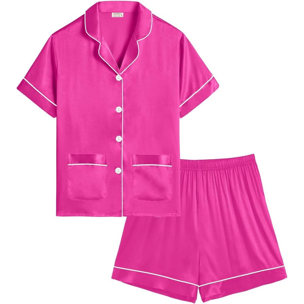 imageSWOMOG Girls Satin Pajamas Set Silk Button Down Pjs Set 2 Pieces Short Sleeve Kids Strawberry Sleepwear2pcsshort Sleeve Rose Red