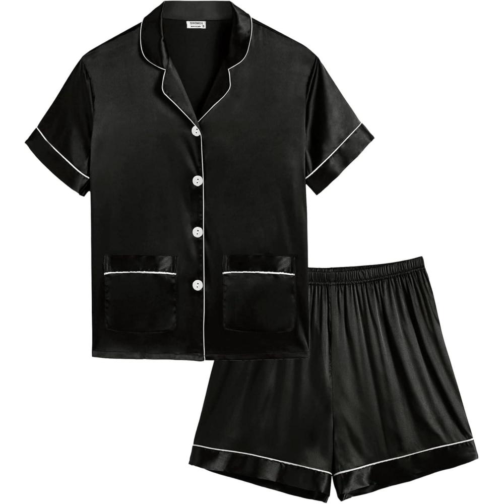imageSWOMOG Girls Satin Pajamas Set Silk Button Down Pjs Set 2 Pieces Short Sleeve Kids Strawberry SleepwearBlack