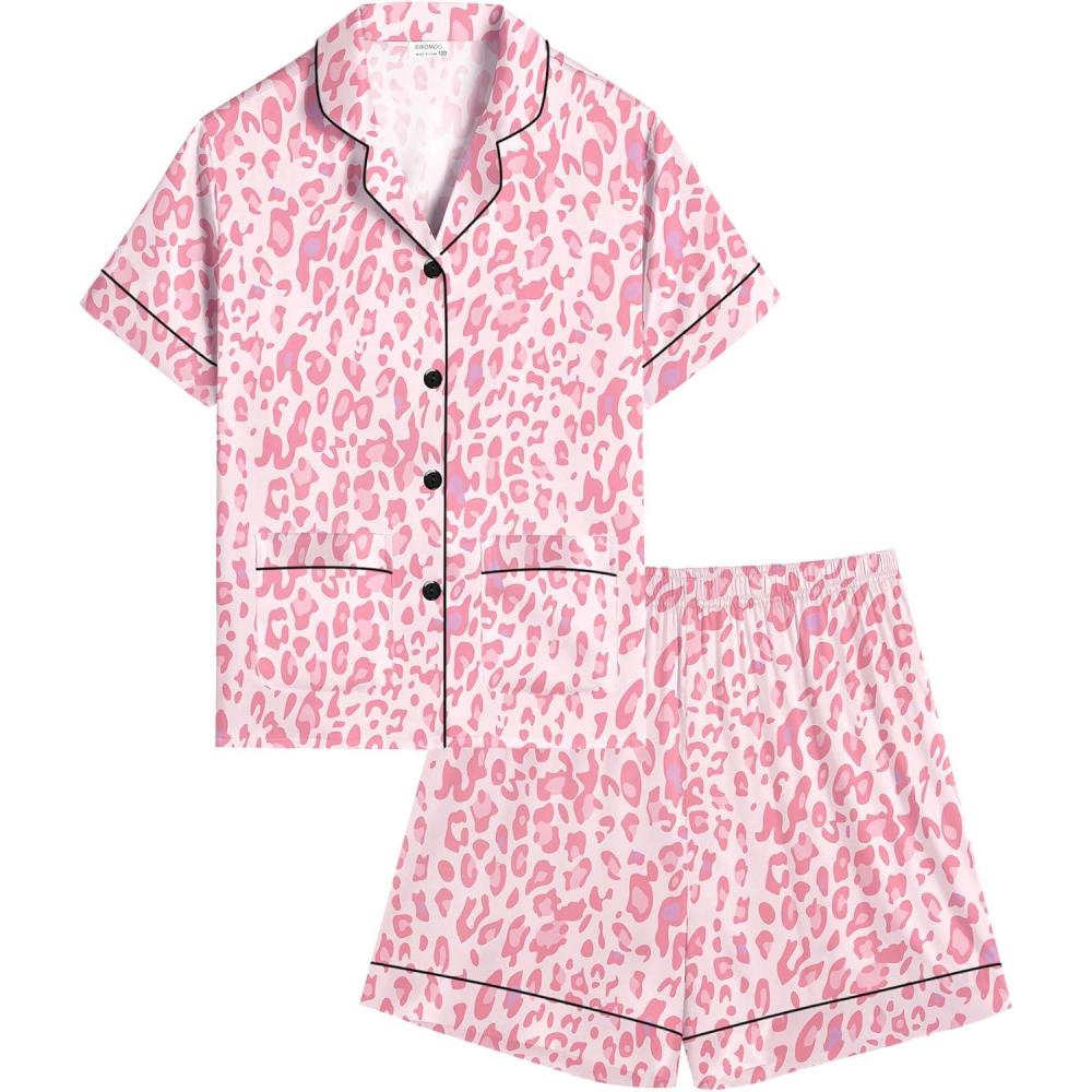 imageSWOMOG Girls Satin Pajamas Set Silk Button Down Pjs Set 2 Pieces Short Sleeve Kids Strawberry SleepwearPink Leopard