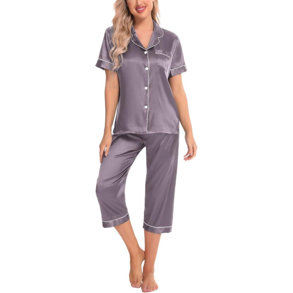 imageSWOMOG Satin Pajama Set Women Silk Pjs Set Short Sleeve 2 Piece Button Down Sleepwear Lounge SetsChestnut