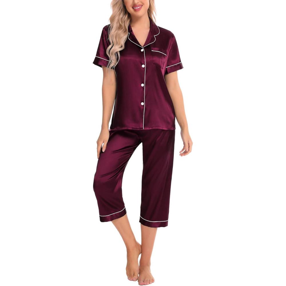 imageSWOMOG Satin Pajama Set Women Silk Pjs Set Short Sleeve 2 Piece Button Down Sleepwear Lounge SetsDeep Wine Red