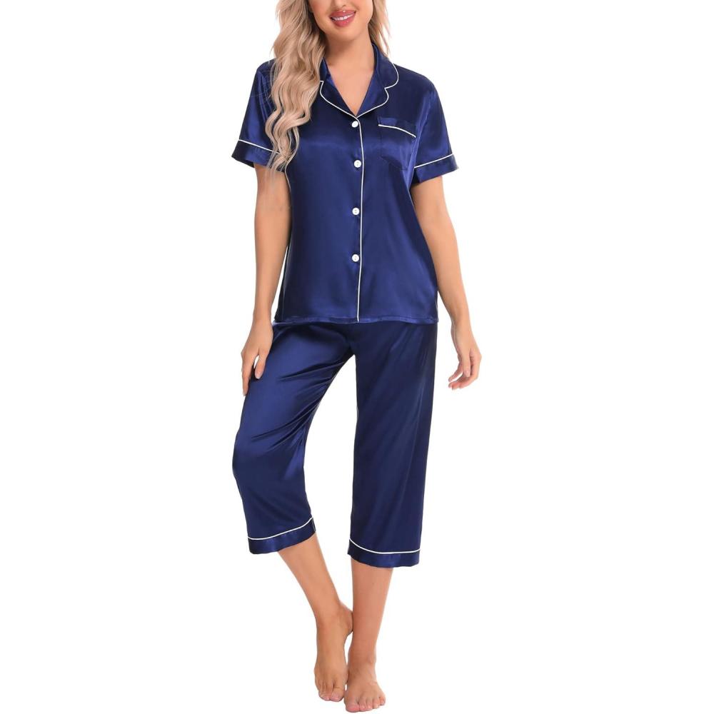 imageSWOMOG Satin Pajama Set Women Silk Pjs Set Short Sleeve 2 Piece Button Down Sleepwear Lounge SetsNavy Blue
